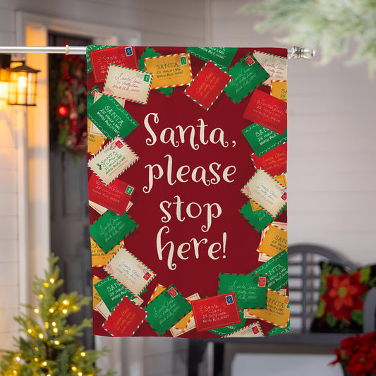 Letters To Santa Suede House Flag red with colorful postage-stamp collage on metal rod on Tampa Home & Garden Store