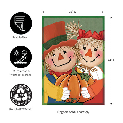 Couple Of Scarecrows Applique House Flag scarecrows with pumpkins on green border fabric Evergreen on Tampa Home & Garden Store