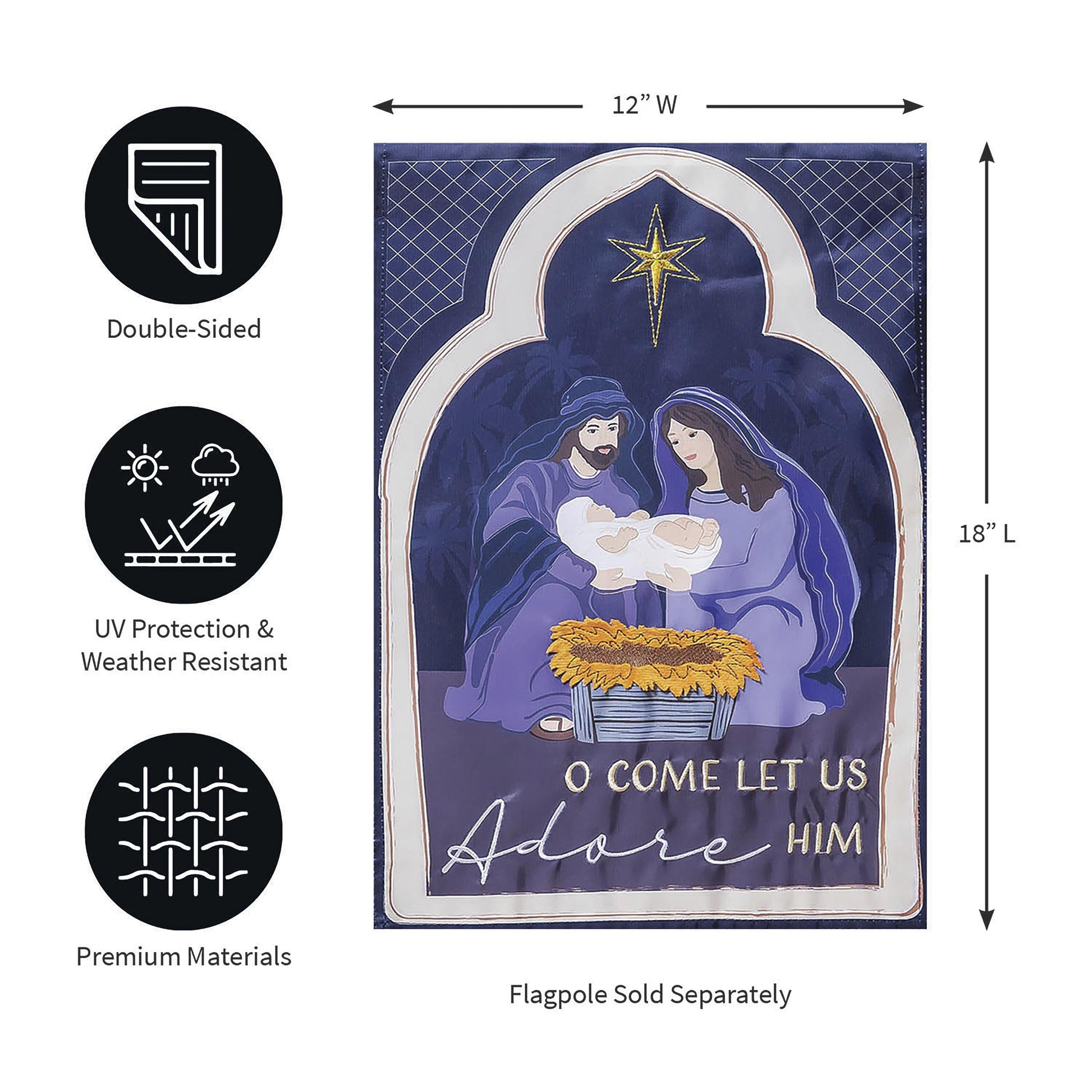 Come Let Us Adore Him applique garden flag nativity navy background by Evergreen Enterprises on Tampa Home & Garden Store