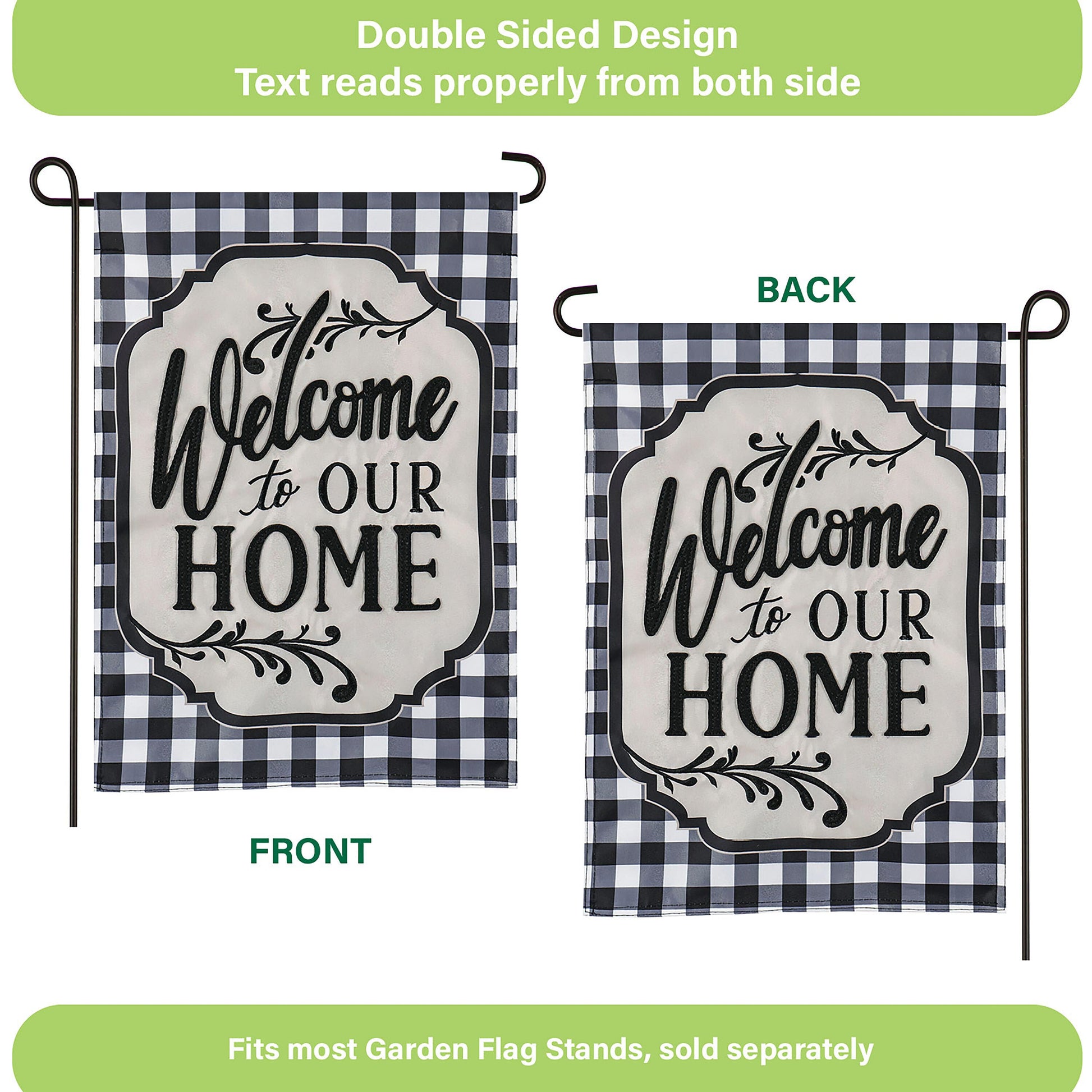 Classic Welcome Home Garden Applique Flag pair with buffalo check border, double-sided on Tampa Home & Garden Store