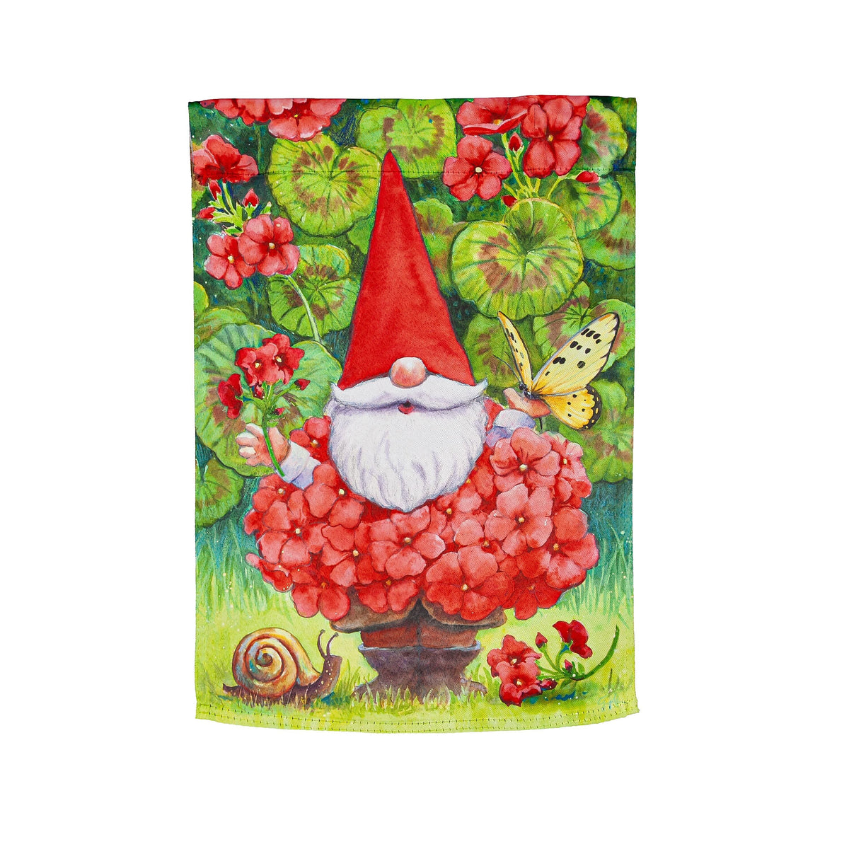Geranium Gnome Suede Flag by Evergreen Enterprises wholesale, red geranium garden flag on Tampa Home & Garden Store
