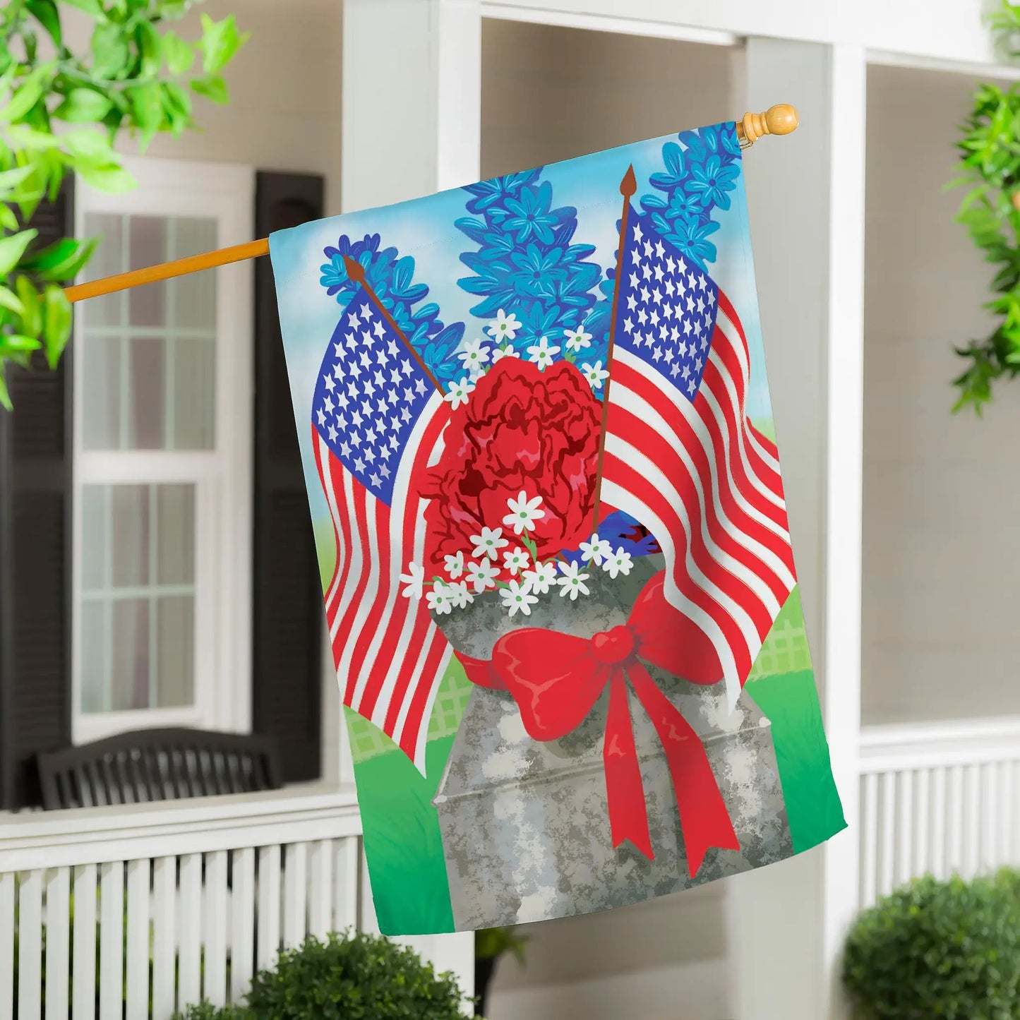 Patriotic Bouquet Applique House Flag Evergreen Enterprises blue floral with stars and stripes on Tampa Home & Garden Store