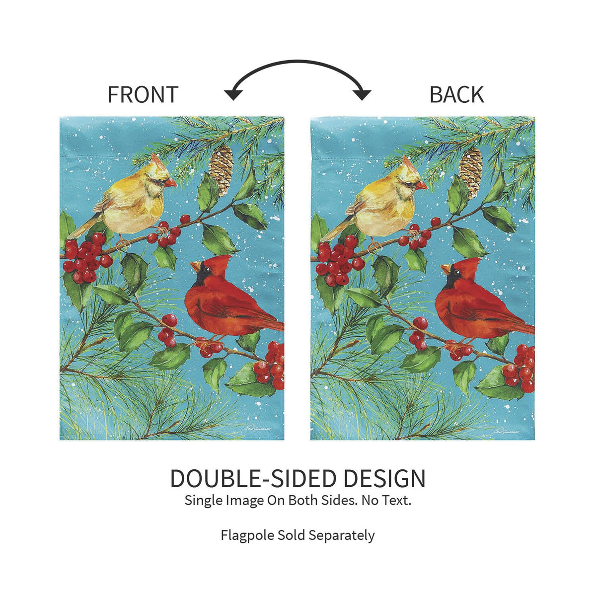 Cardinal Couple Suede Garden Flag by Evergreen Enterprises, double-sided winter scene on Tampa Home & Garden Store