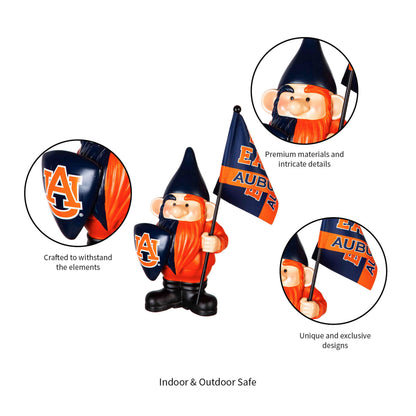 Auburn University flag holder gnomes in navy and orange, Evergreen Enterprises garden statues on Tampa Home & Garden Store