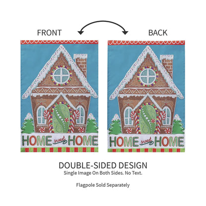 Gingerbread Home Sweet Home applique garden flag, double-sided design on blue background on Tampa Home & Garden Store