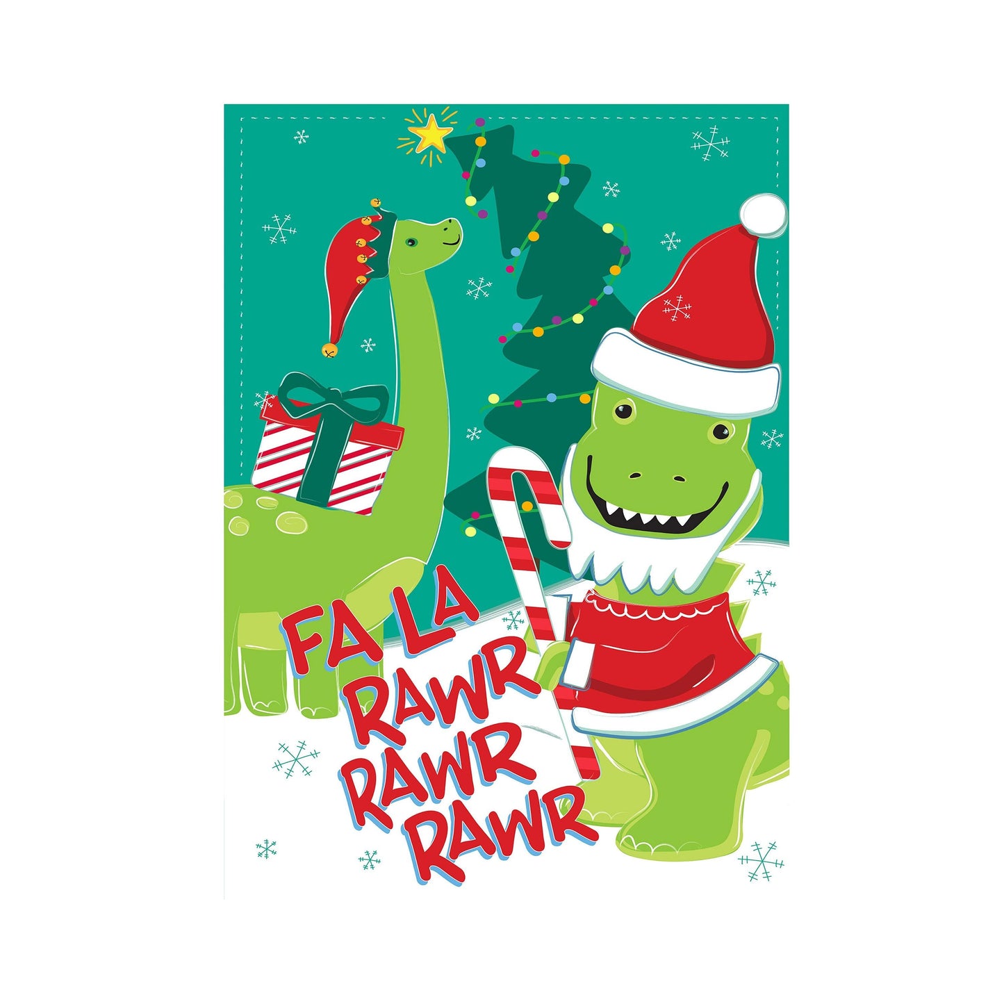 Christmas Dinosaur Cheer Applique Flag with 2 green dinosaurs, Christmas tree, gifts on teal on Tampa Home & Garden Store