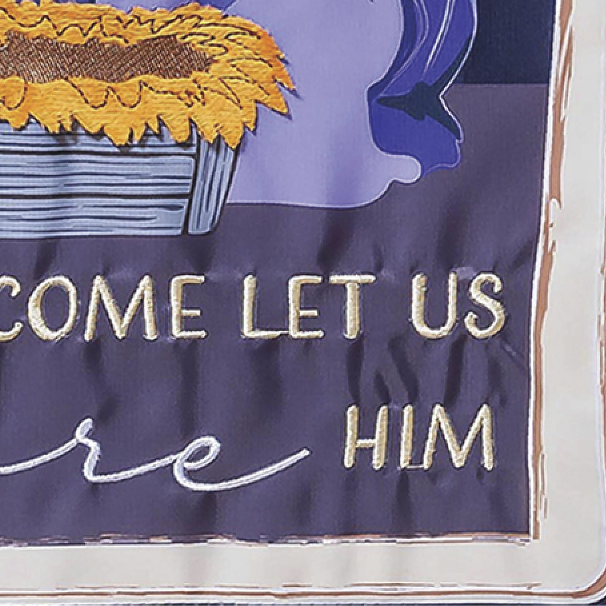 Applique garden flag Come Let Us Adore Him on purple background with gold trim on Tampa Home & Garden Store