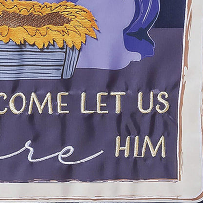 Applique garden flag Come Let Us Adore Him on purple background with gold trim on Tampa Home & Garden Store