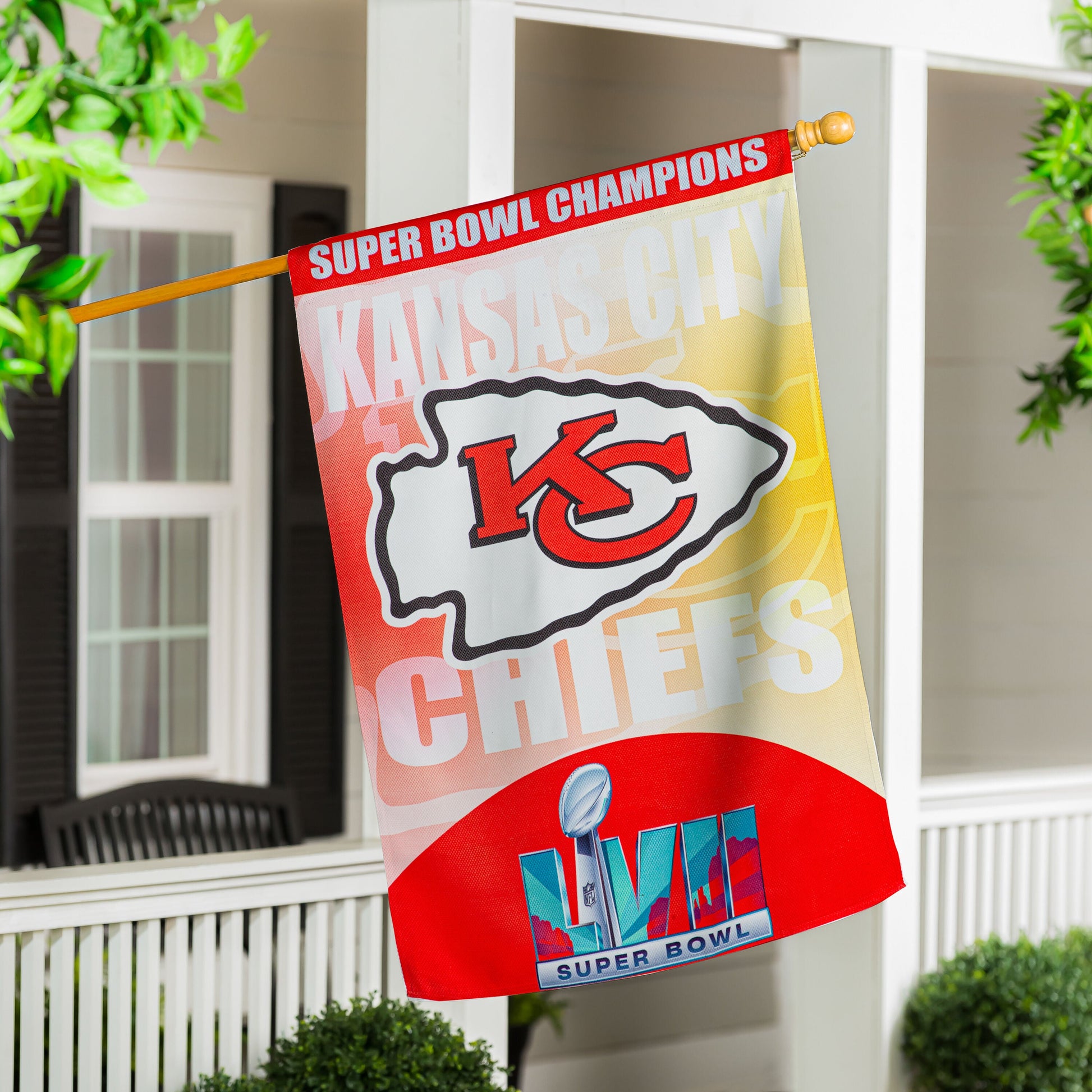 Embossed suede flag Chiefs Super Bowl Champions house size KC colors on Tampa Home & Garden Store