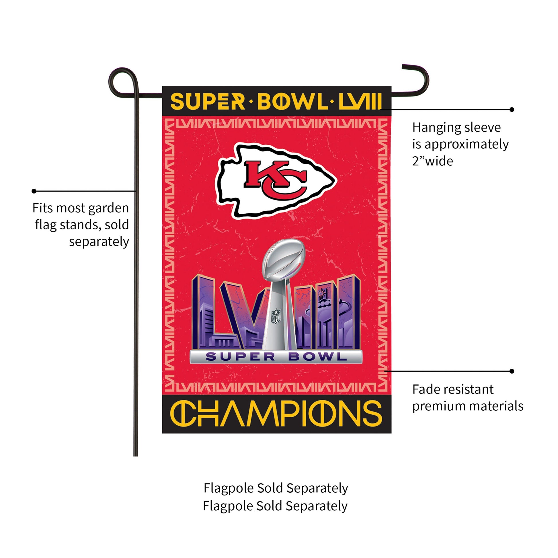 Kansas City Chiefs SB58 Champions suede flag in red with SUPER BOWL LVIII text on flagpole on Tampa Home & Garden Store
