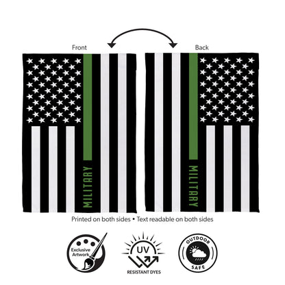 Military Thin Green Line Suede Flag; front/back shows black/white stripes with a green stripe on Tampa Home & Garden Store
