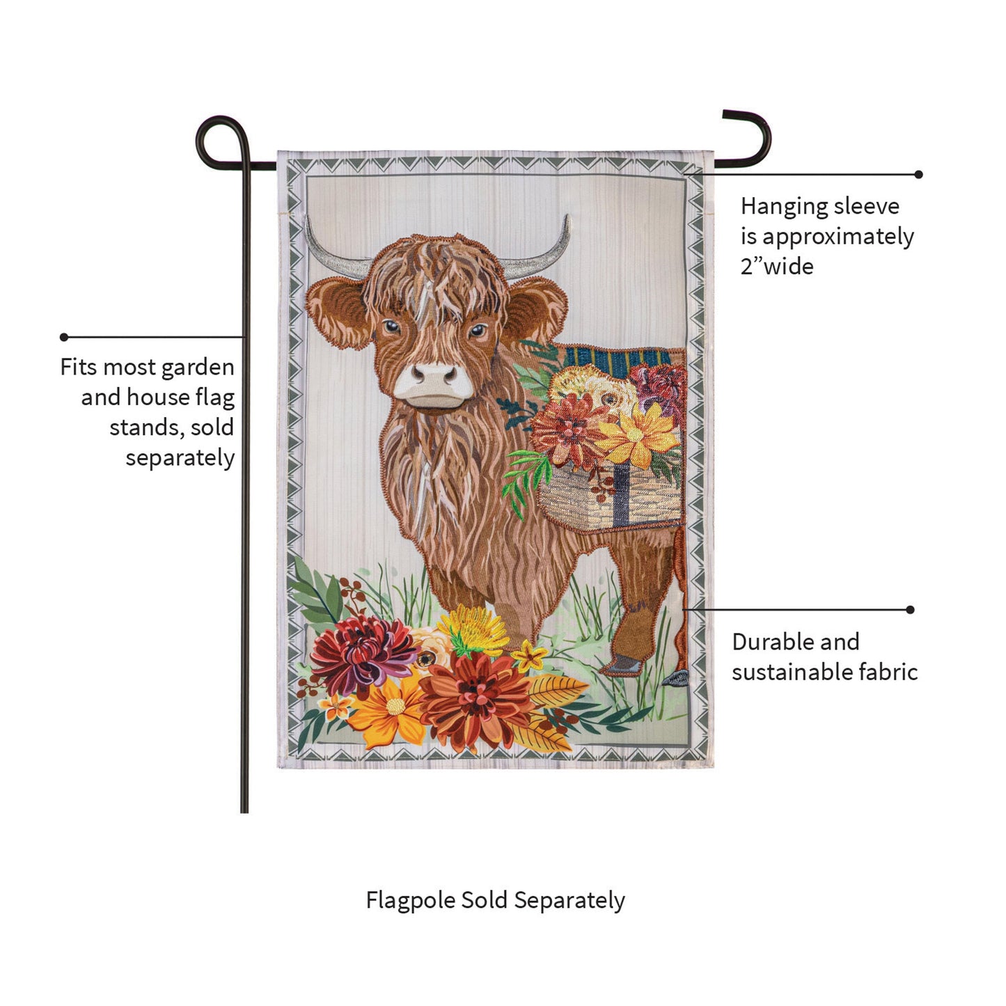 Highland Cow Fall Floral Applique Garden Flag with a brown cow and autumn flowers on Tampa Home & Garden Store