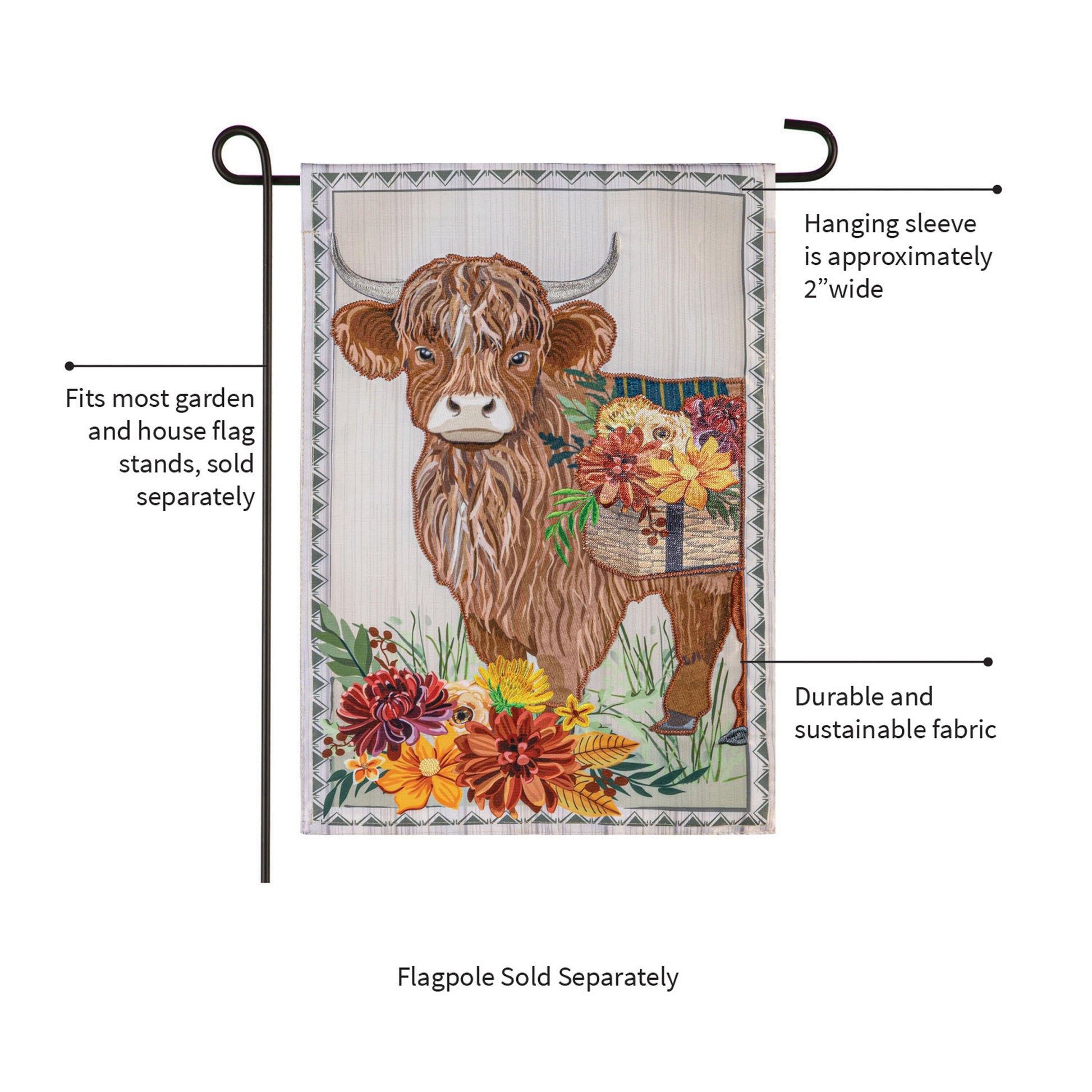 Highland Cow Fall Floral Applique Garden Flag with a brown cow and autumn flowers on Tampa Home & Garden Store