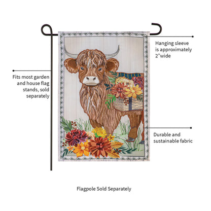 Highland Cow Fall Floral Applique Garden Flag with a brown cow and autumn flowers on Tampa Home & Garden Store