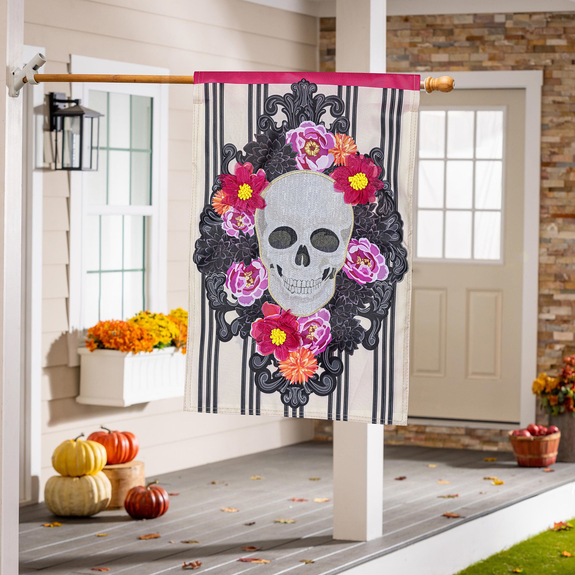 Happy Skull Floral Applique House Flag pink header skull and florals Evergreen Enterprises on Tampa Home & Garden Store