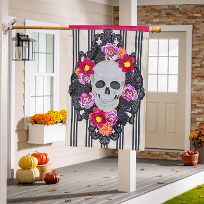 Happy Skull Floral Applique House Flag pink header skull and florals Evergreen Enterprises on Tampa Home & Garden Store