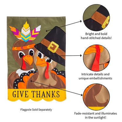 Pilgrim Couple Applique Flag colorful feathered headdress by Evergreen Enterprises on Tampa Home & Garden Store