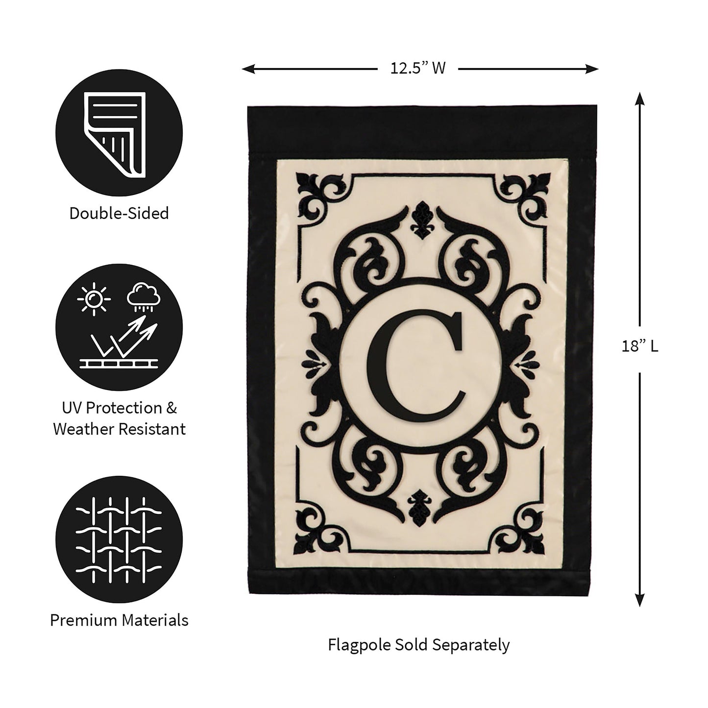 Garden Applique Flag Cambridge Monogram Letter C, black on cream with frame on Tampa Home & Garden Store