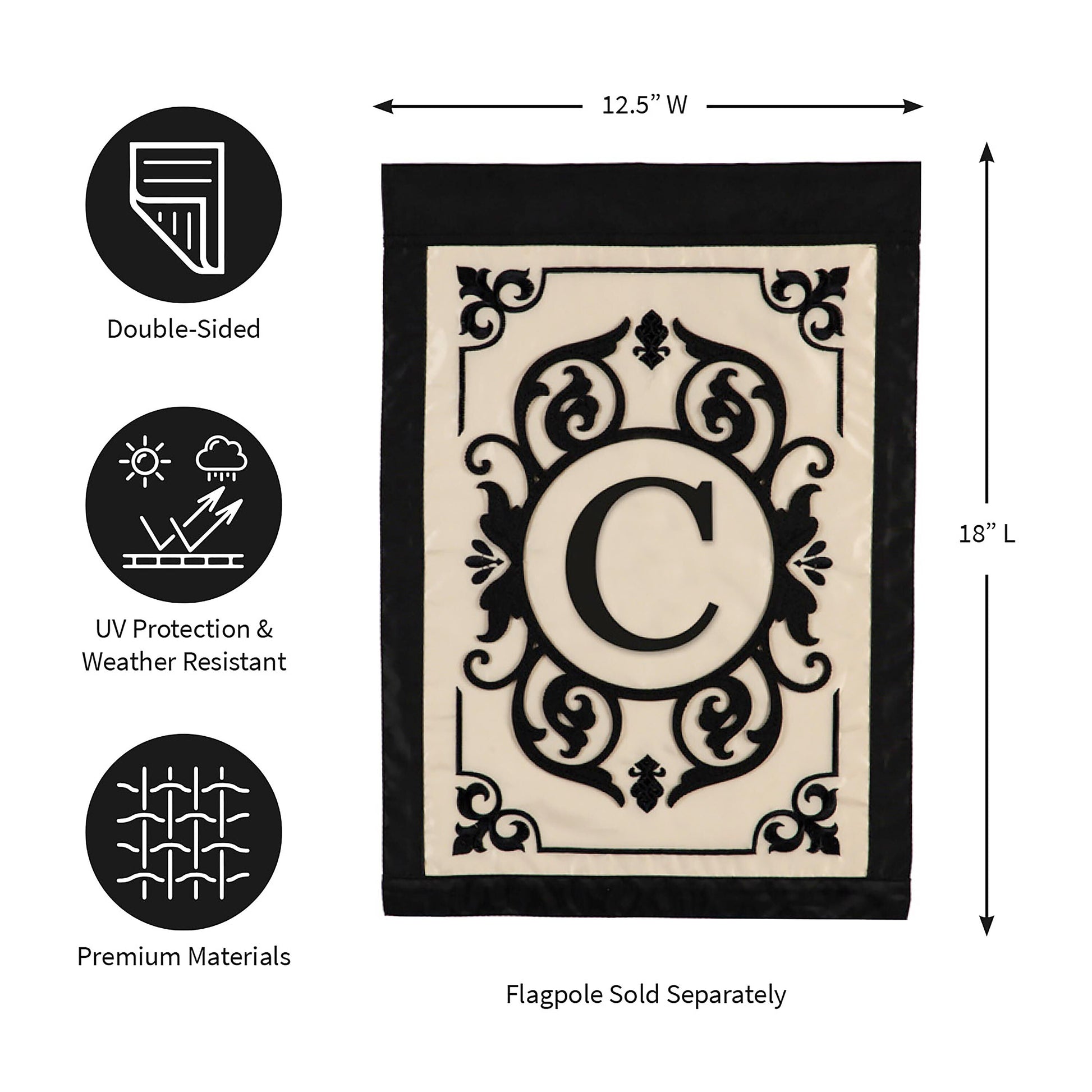 Garden Applique Flag Cambridge Monogram Letter C, black on cream with frame on Tampa Home & Garden Store
