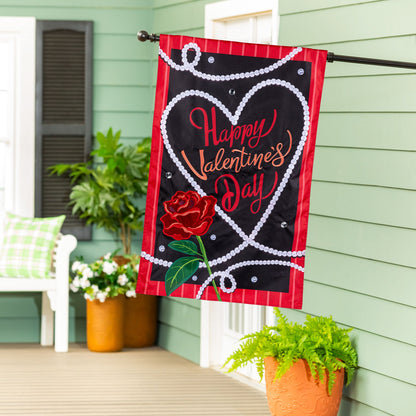 Valentine's Day Pearls Applique House Flag, black center with pearl border, red border Evergreen on Tampa Home & Garden Store