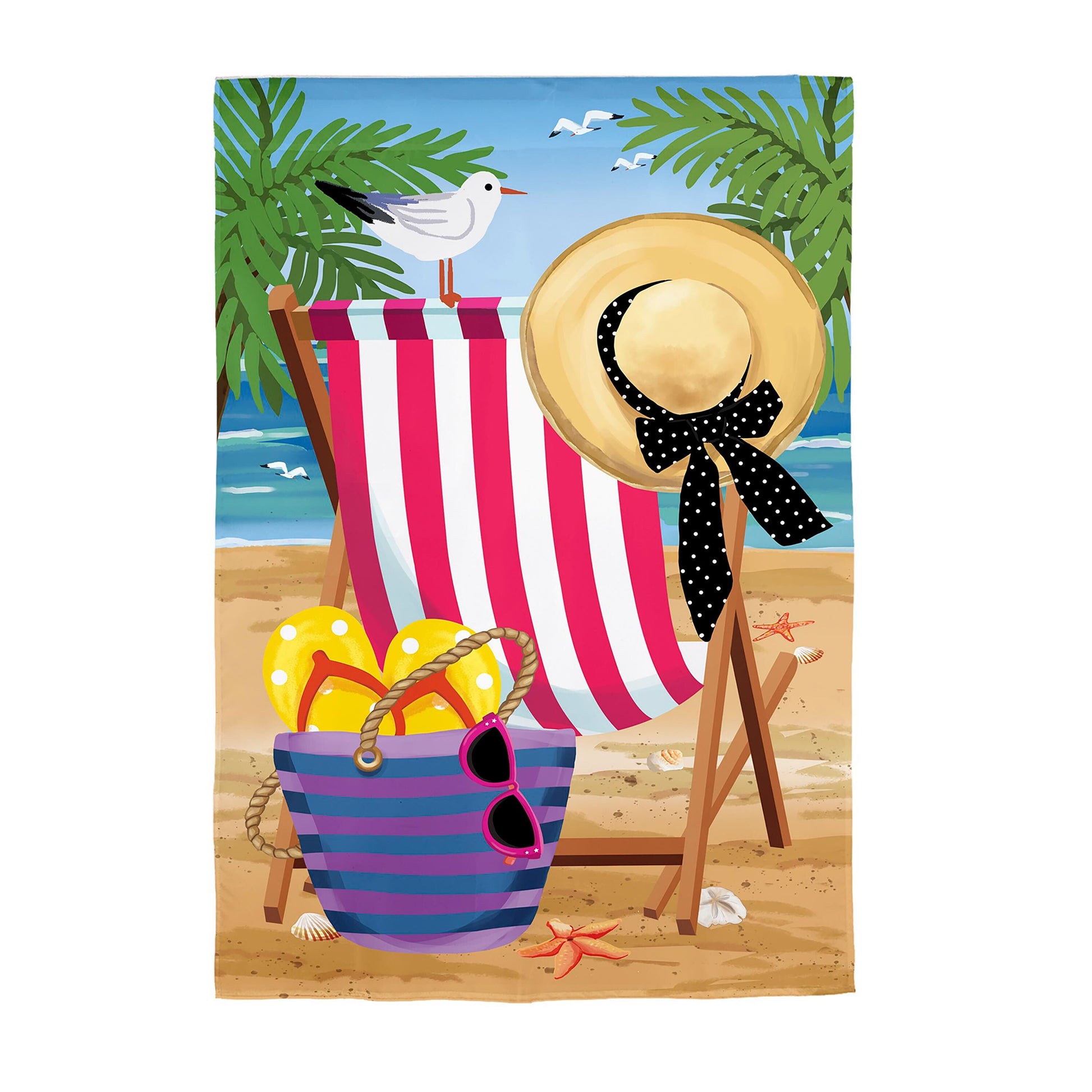 Beach chair applique flag with pink striped chair and straw hat on sandy beach on Tampa Home & Garden Store