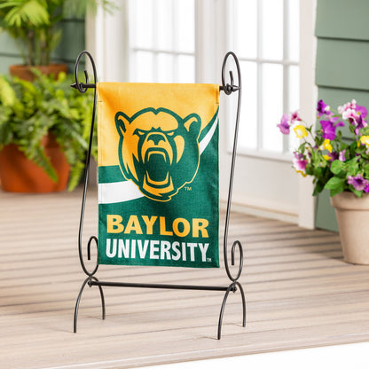 Burlap Baylor University flag garden size with bear on yellow background on black stand on Tampa Home & Garden Store