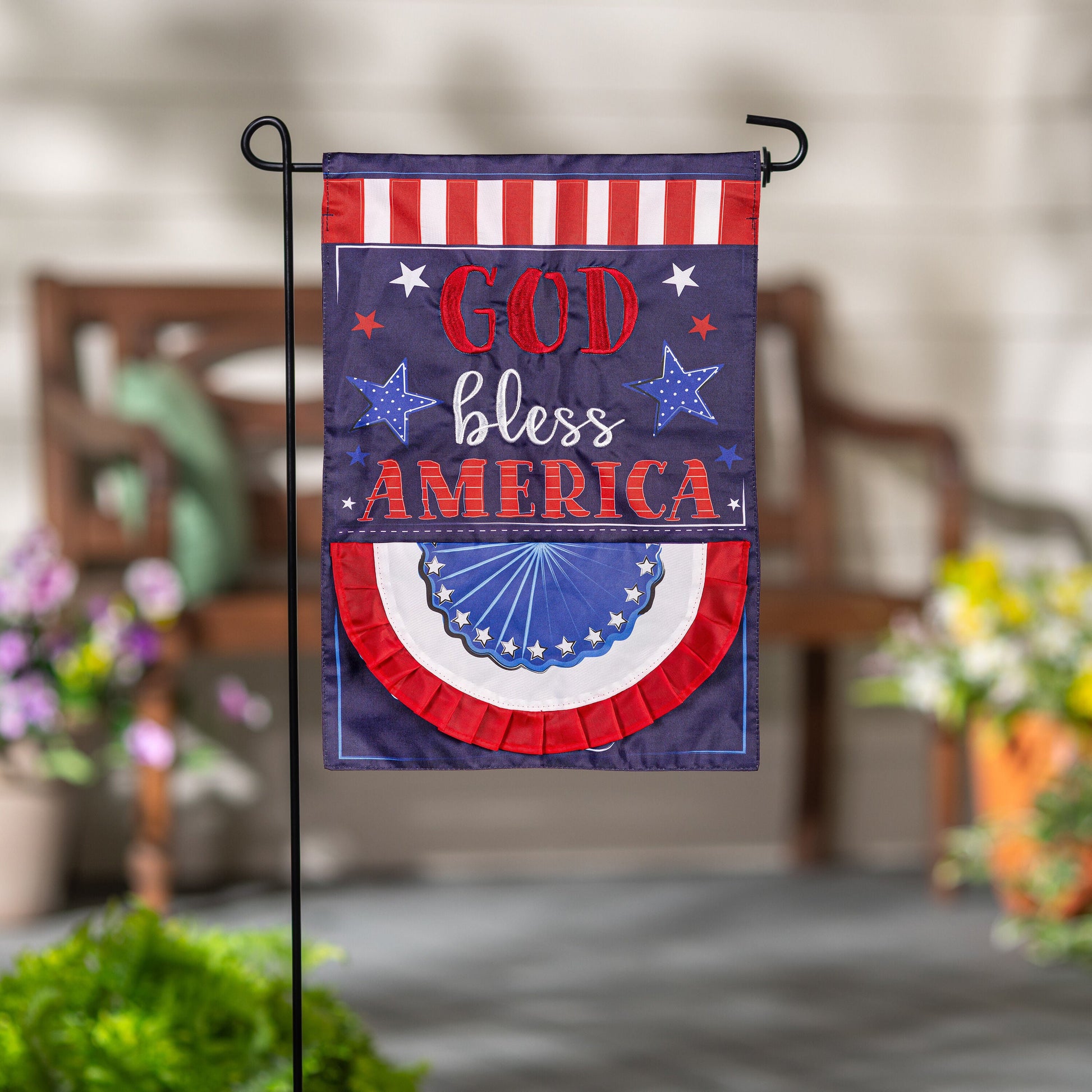 Patriotic God Bless America Garden Flag on stand with red white stripes and blue field on Tampa Home & Garden Store