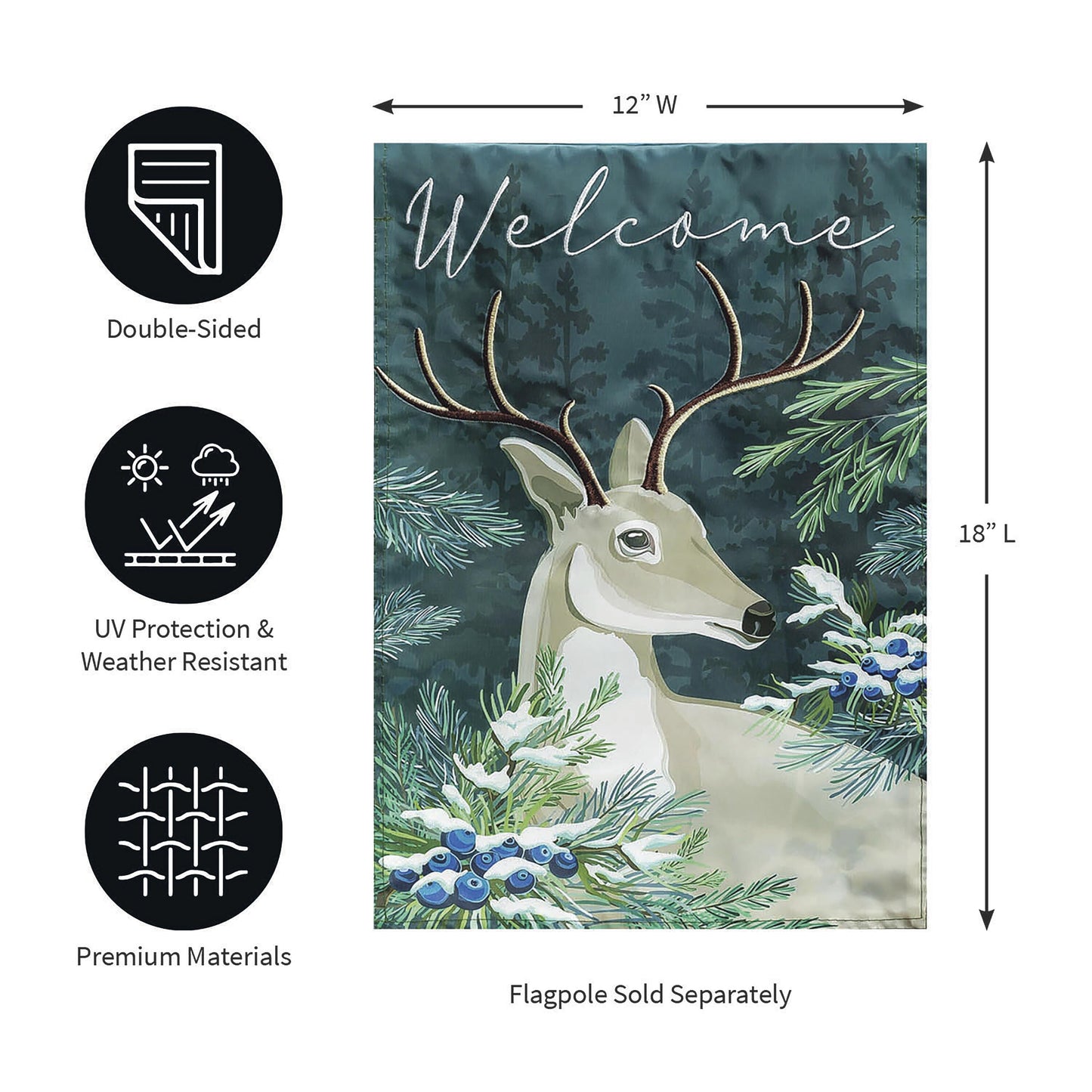 Woodland Deer Welcome Applique Garden Flag with deer antlers and Welcome script on backdrop on Tampa Home & Garden Store