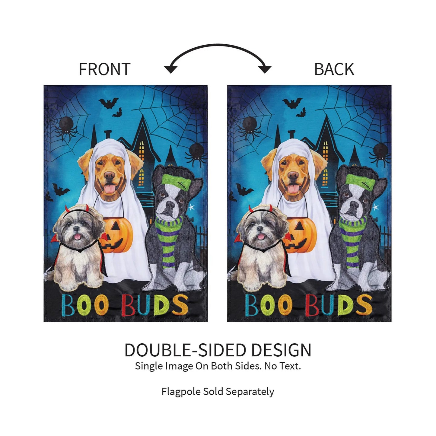 Boo Buds Applique Garden Flag by Evergreen Enterprises, blue Halloween dogs design, double-sided on Tampa Home & Garden Store