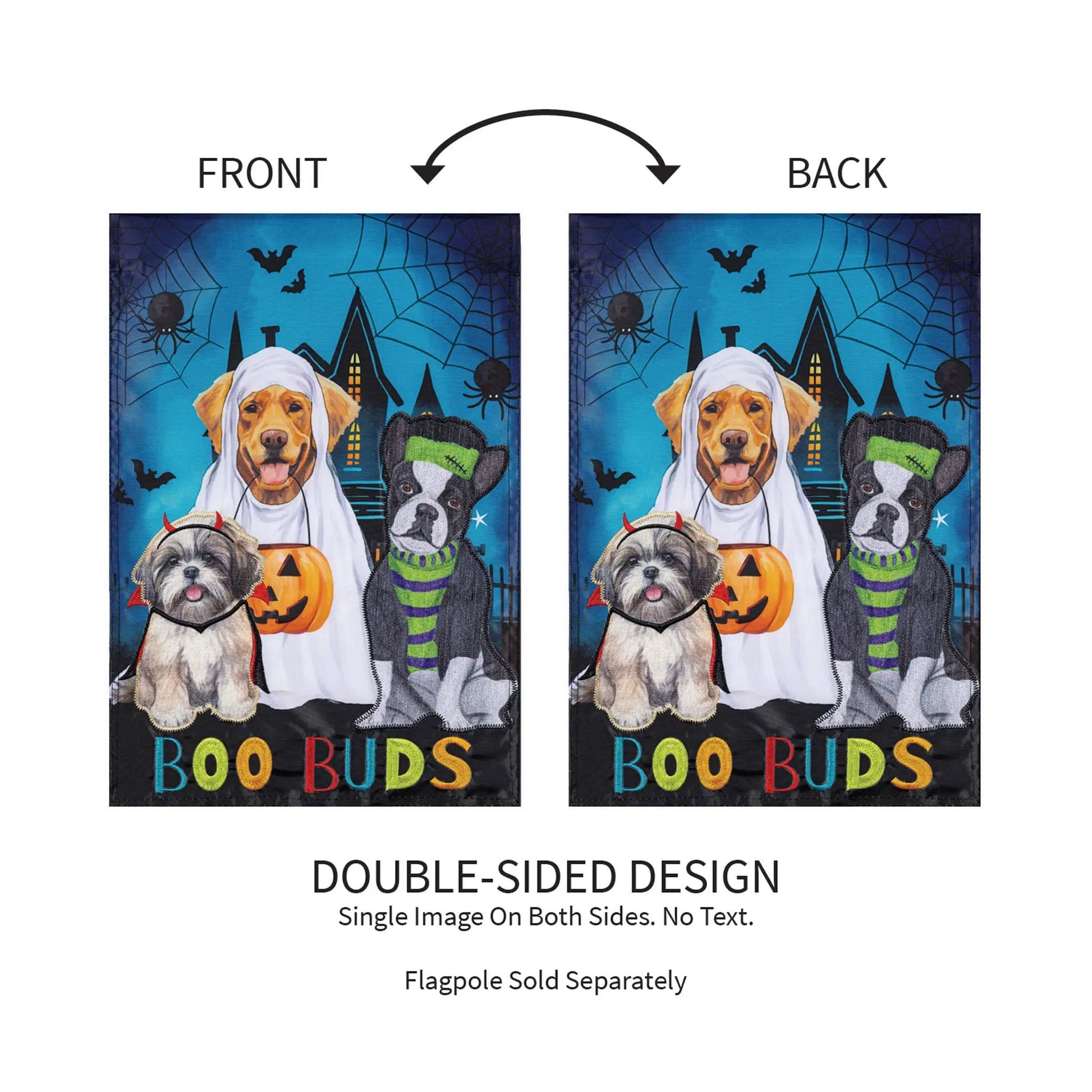 Boo Buds Applique Garden Flag by Evergreen Enterprises, blue Halloween dogs design, double-sided on Tampa Home & Garden Store