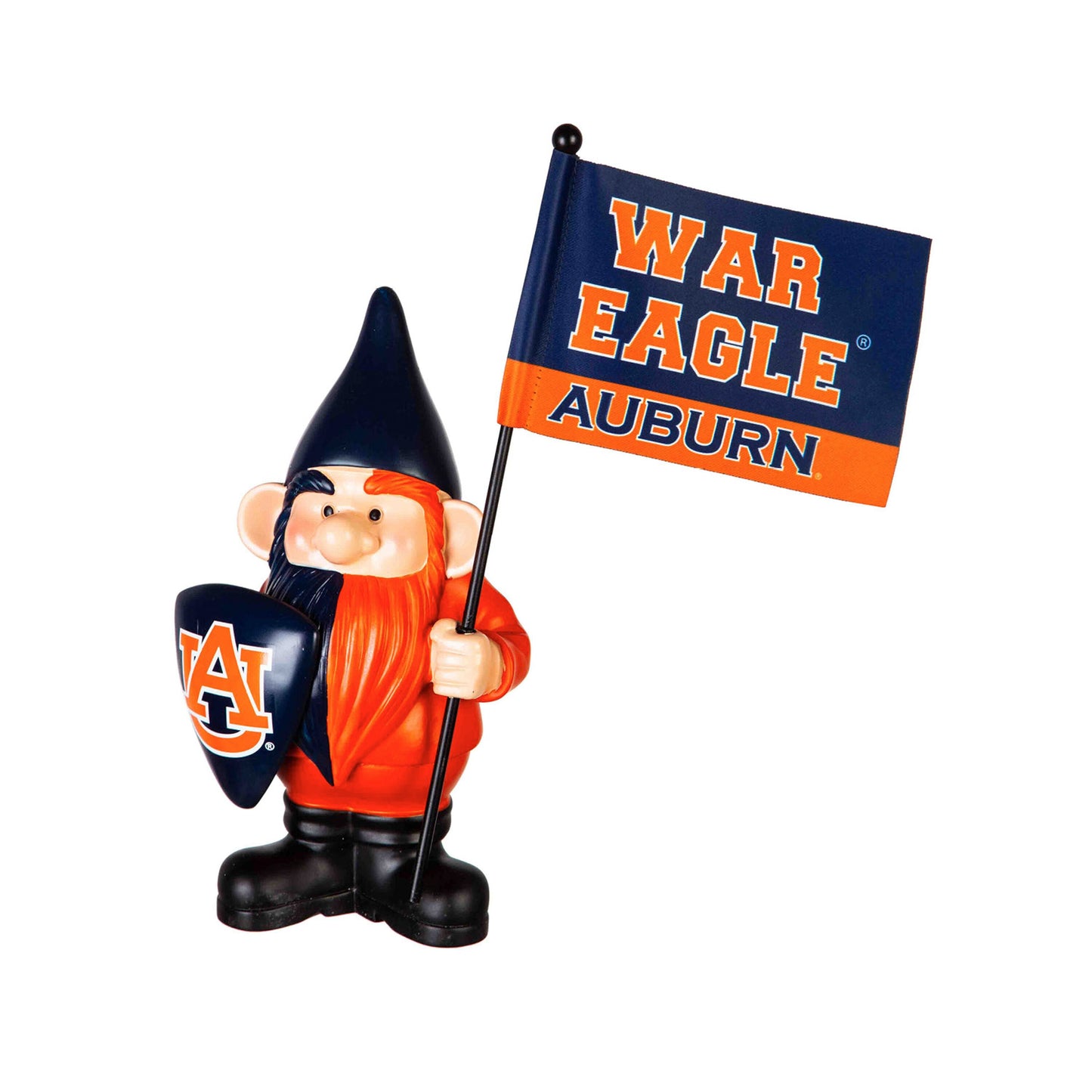 Auburn flag holder gnome garden statue with blue and orange banner by Evergreen Enterprises on Tampa Home & Garden Store