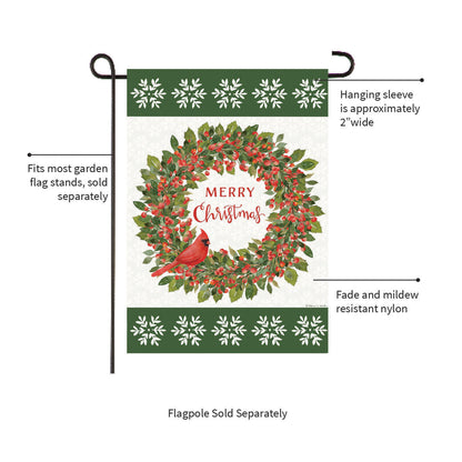 Christmas Cardinal Moire Garden Flag with cardinal on green holly wreath on Tampa Home & Garden Store