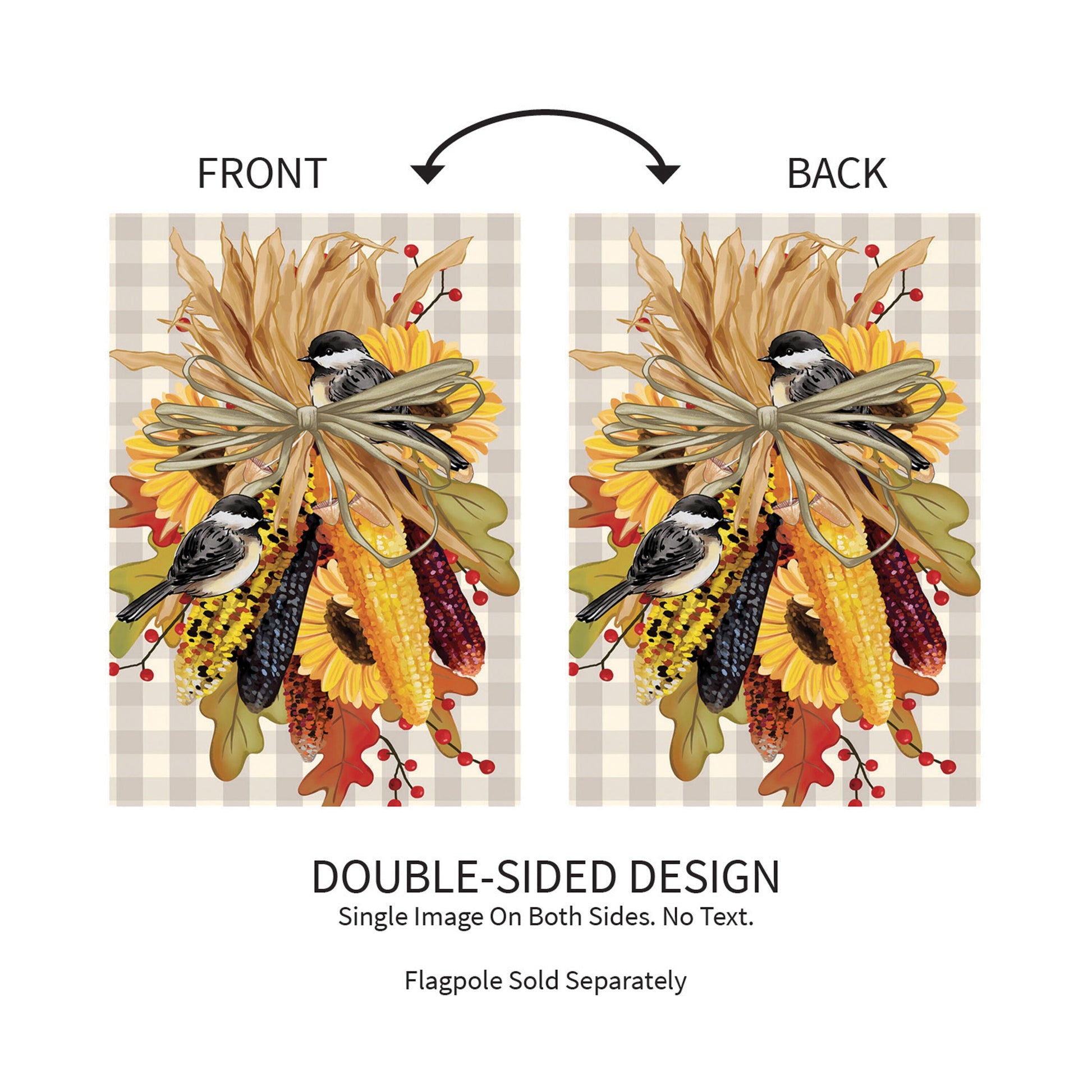 Ornamental Corn Burlap Garden Flag featuring sunflowers, dried corn, and birds on a beige plaid background, double-sided design on Tampa Home & Garden Store