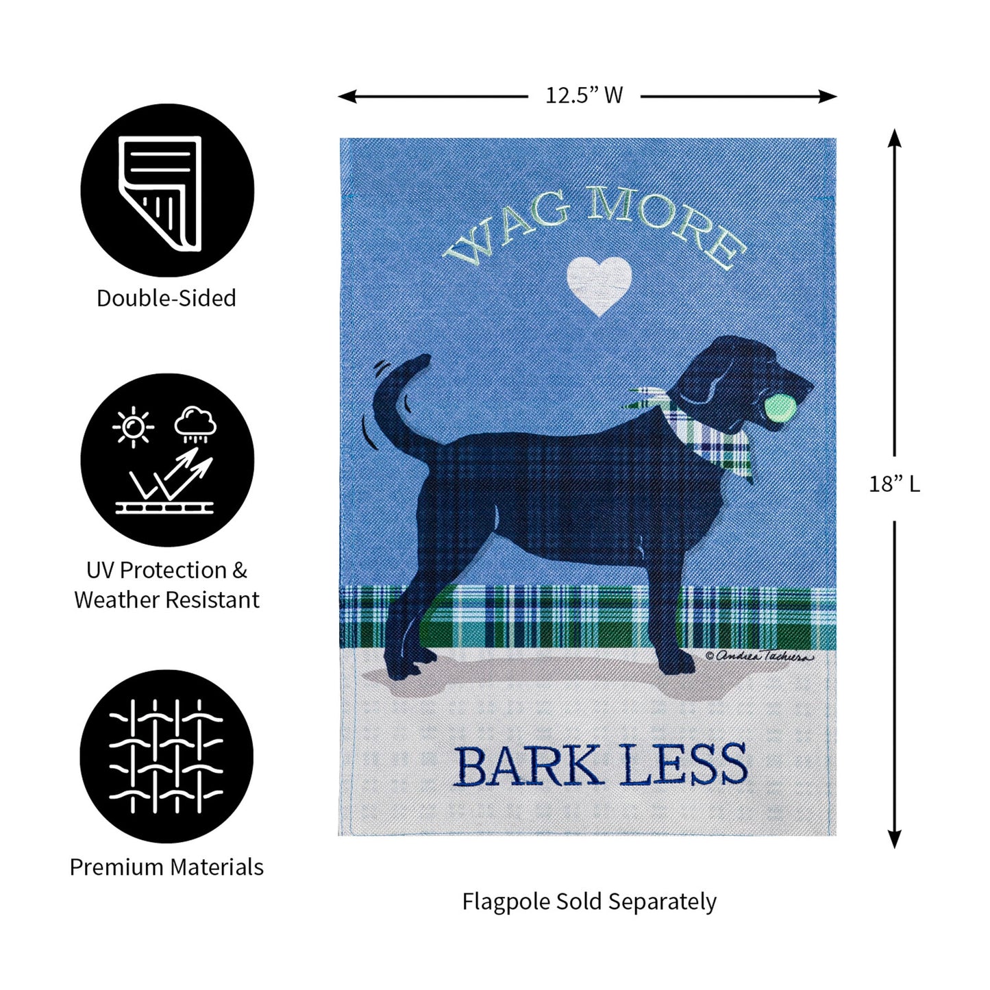 Wag More Bark Less Garden Burlap Flag by Evergreen Enterprises, blue denim burlap, double-sided on Tampa Home & Garden Store