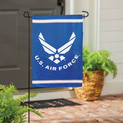 Blue embossed suede flag with Air Force emblem, garden flag on a metal stand on Tampa Home & Garden Store