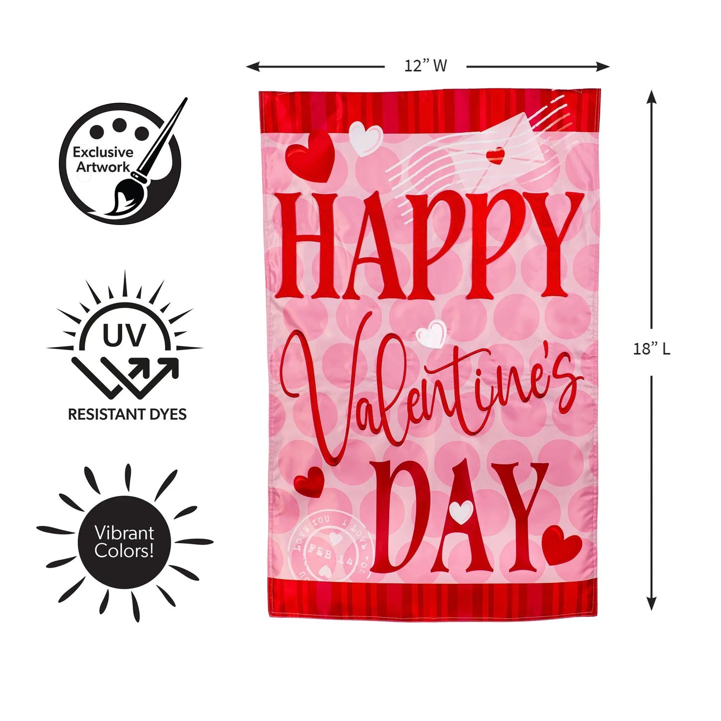 Applique garden flag Happy Valentine's Day with pink background and red hearts, 12W x 18L on Tampa Home & Garden Store