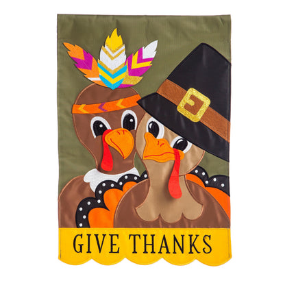 Pilgrim couple applique flag olive backdrop GIVE THANKS on yellow Evergreen Enterprises on Tampa Home & Garden Store