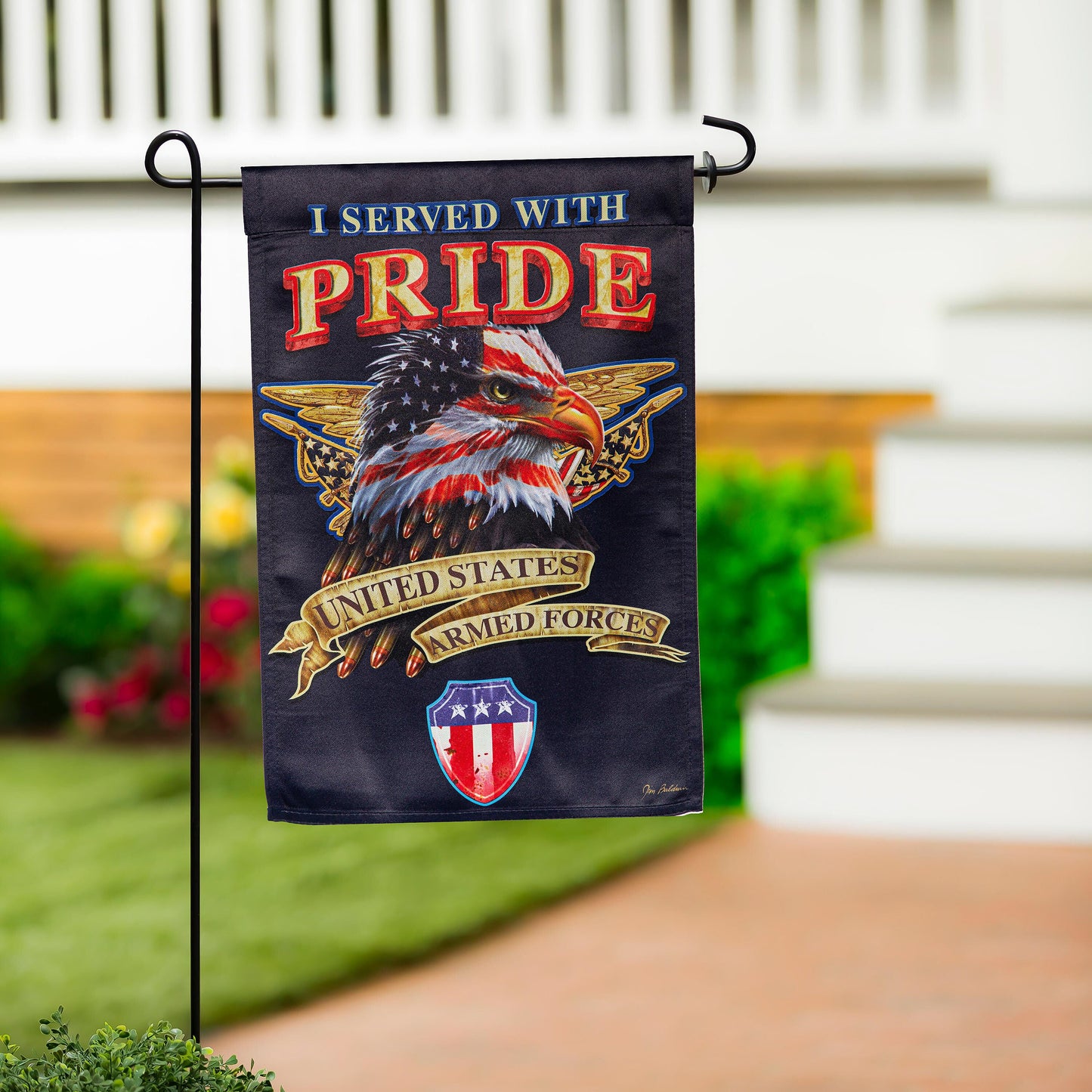 I Served With Pride Suede Garden Flag navy background with eagle crest on Tampa Home & Garden Store