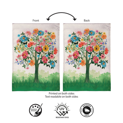Blooming Tree of Life Burlap Garden Flag front back floral tree on beige burlap Evergreen Enterprises on Tampa Home & Garden Store