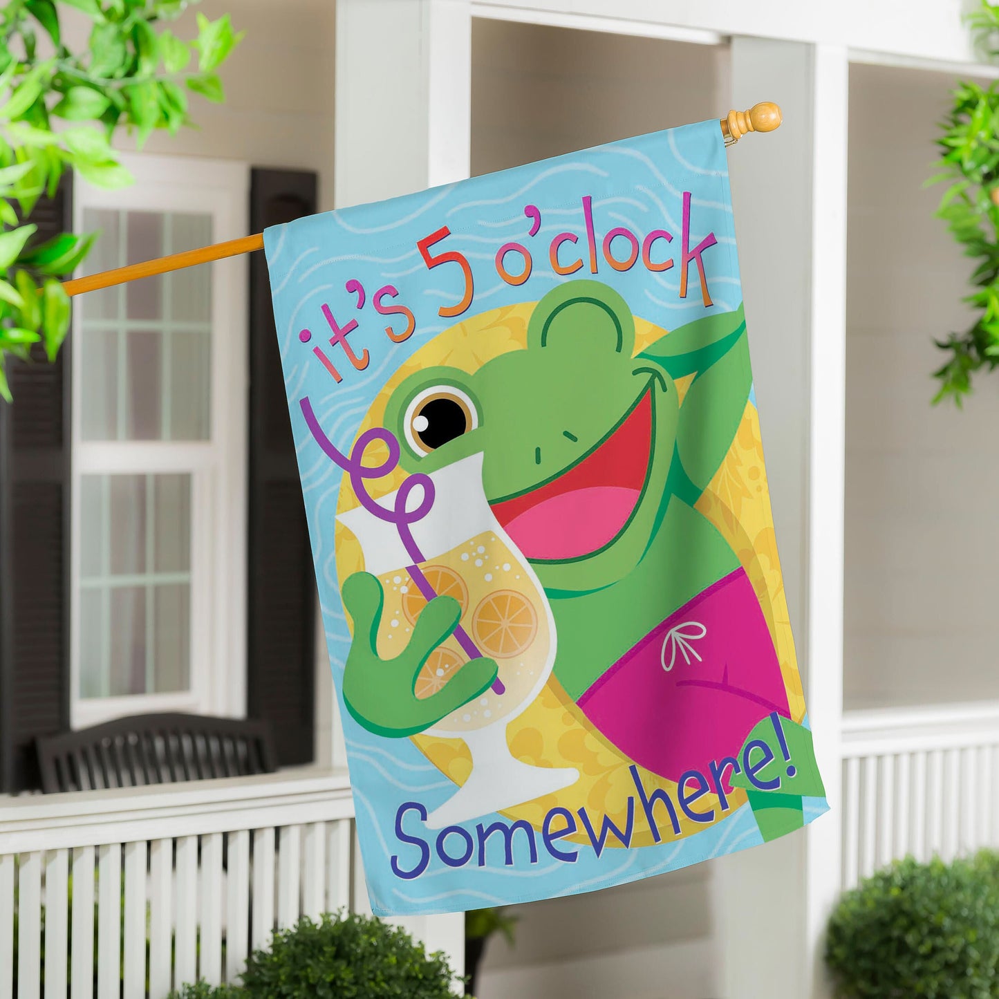 5 o'Clock Frog Applique House Flag, bright blue background with green frog and citrus accents on Tampa Home & Garden Store