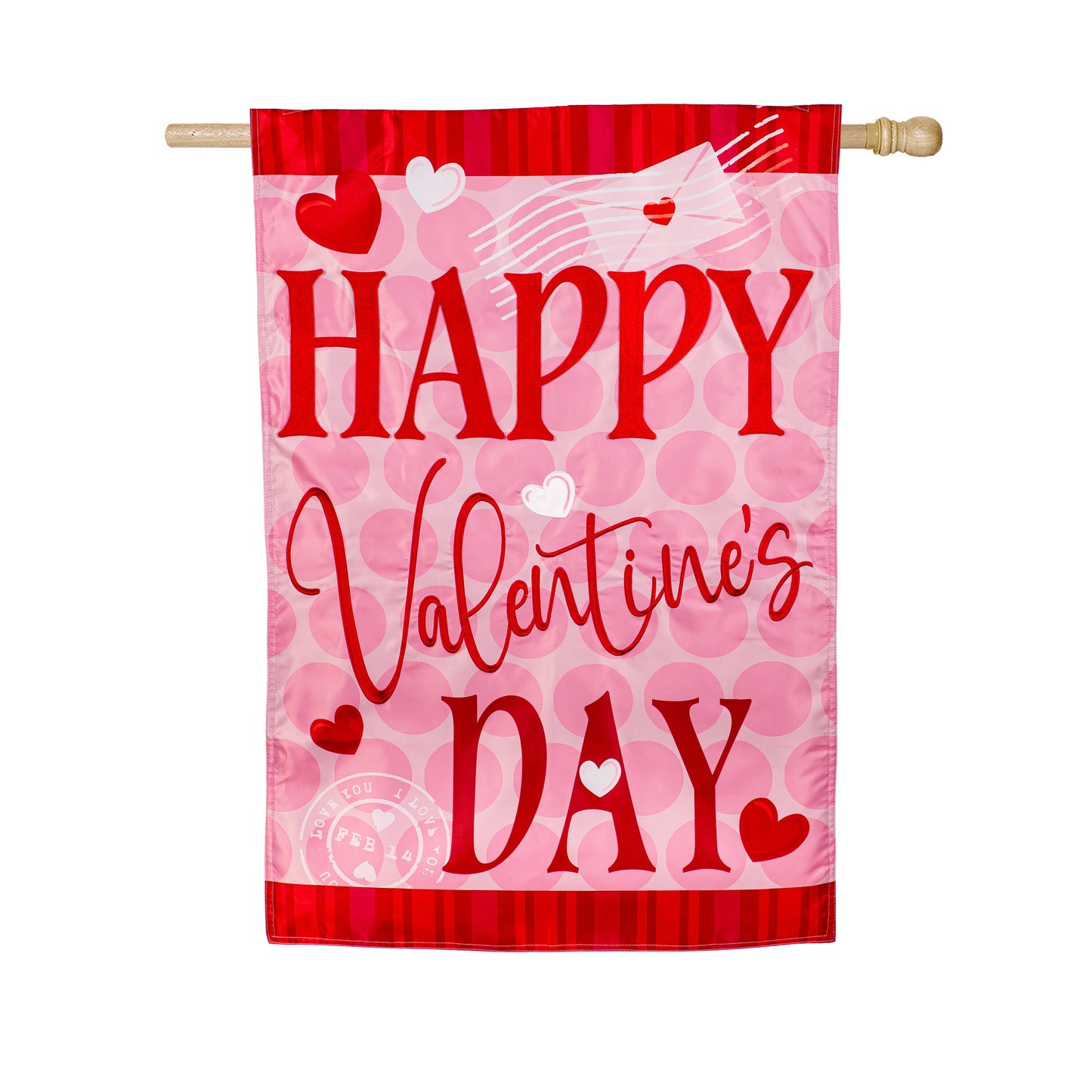Happy Valentine's Day Hearts Applique House Flag pink with red letters Evergreen Enterprises on Tampa Home & Garden Store