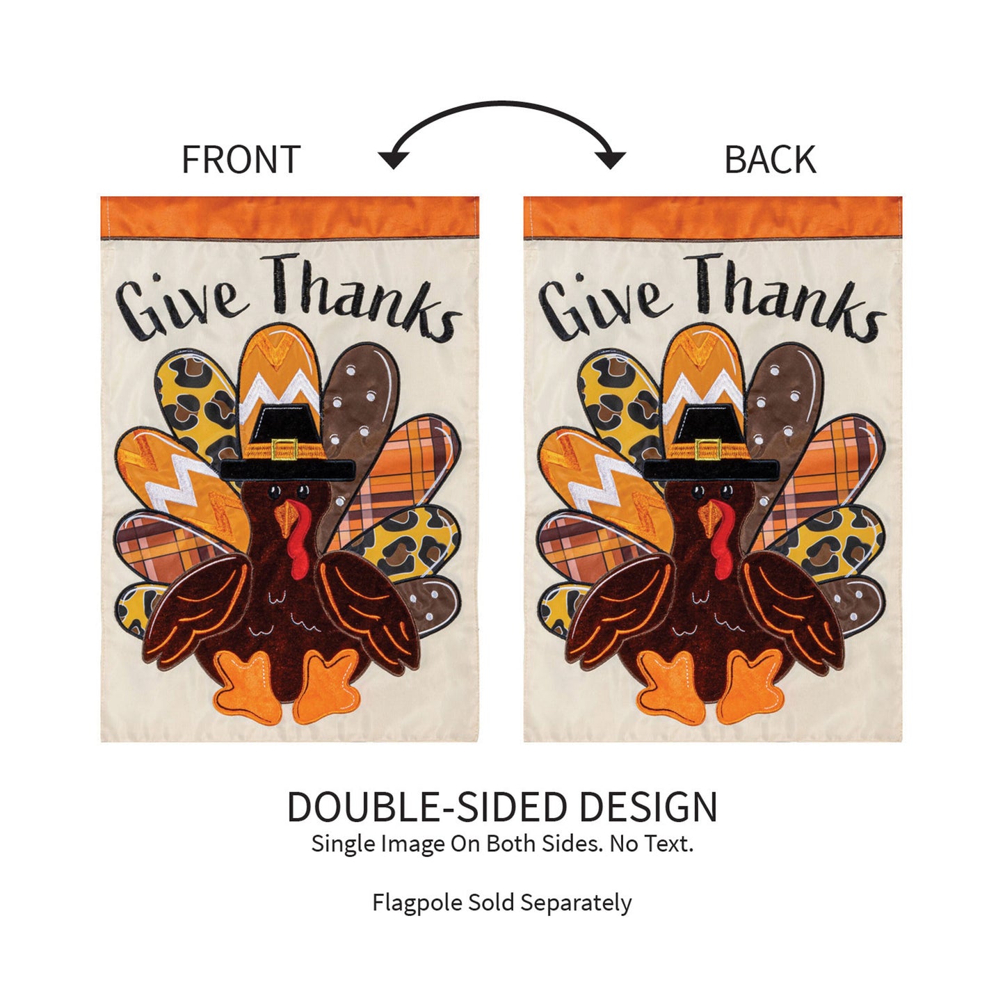 Give Thanks Patterned Turkey Applique Garden Flags - 2, double-sided, orange header on Tampa Home & Garden Store