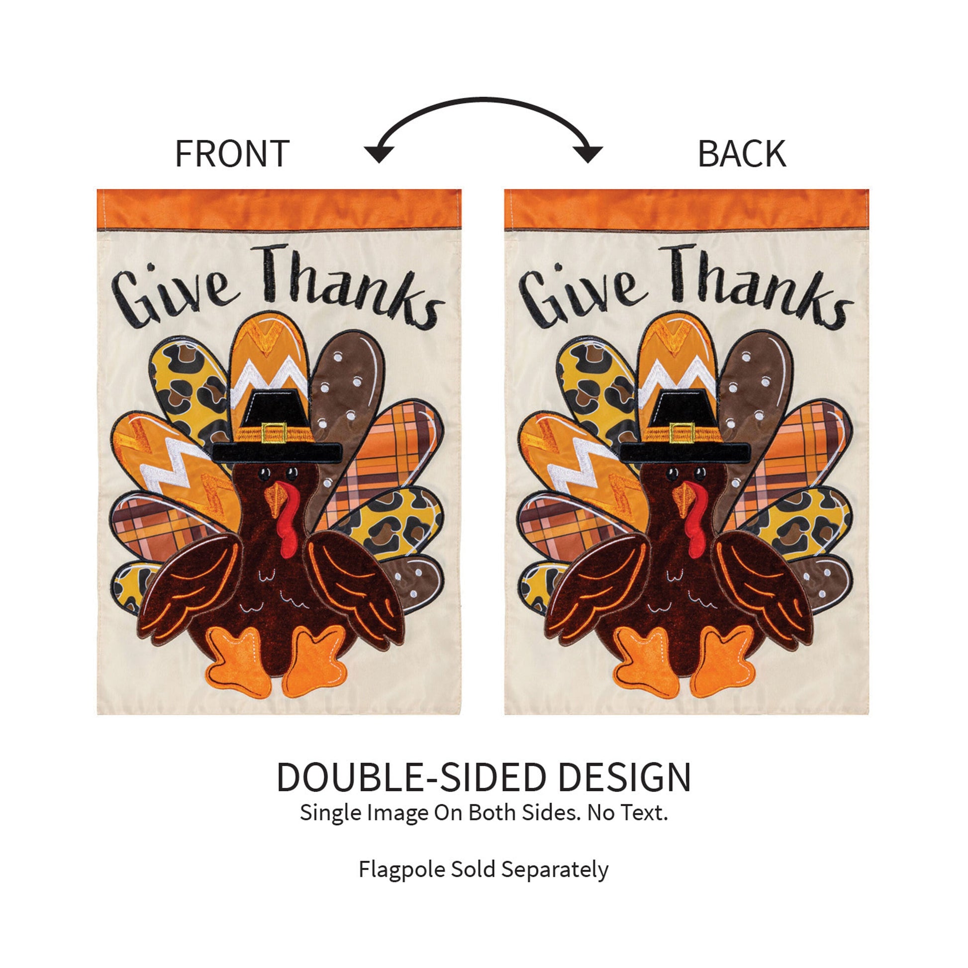 Give Thanks Patterned Turkey Applique Garden Flags - 2, double-sided, orange header on Tampa Home & Garden Store