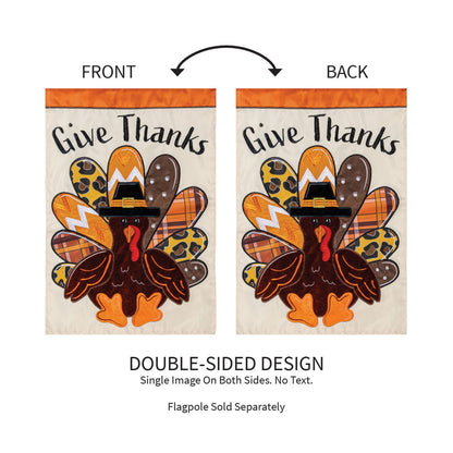 Give Thanks Patterned Turkey Applique Garden Flags - 2, double-sided, orange header on Tampa Home & Garden Store