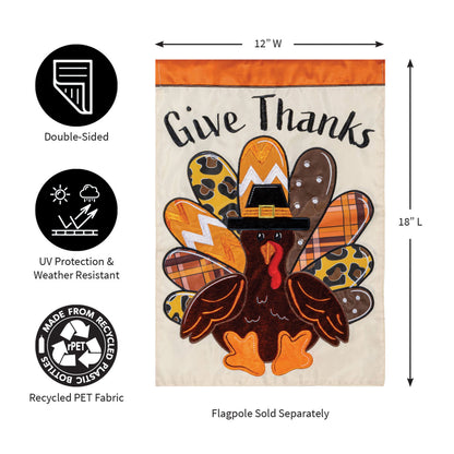Give Thanks Patterned Turkey Applique Garden Flag by Evergreen Enterprises Wholesale Collective on Tampa Home & Garden Store