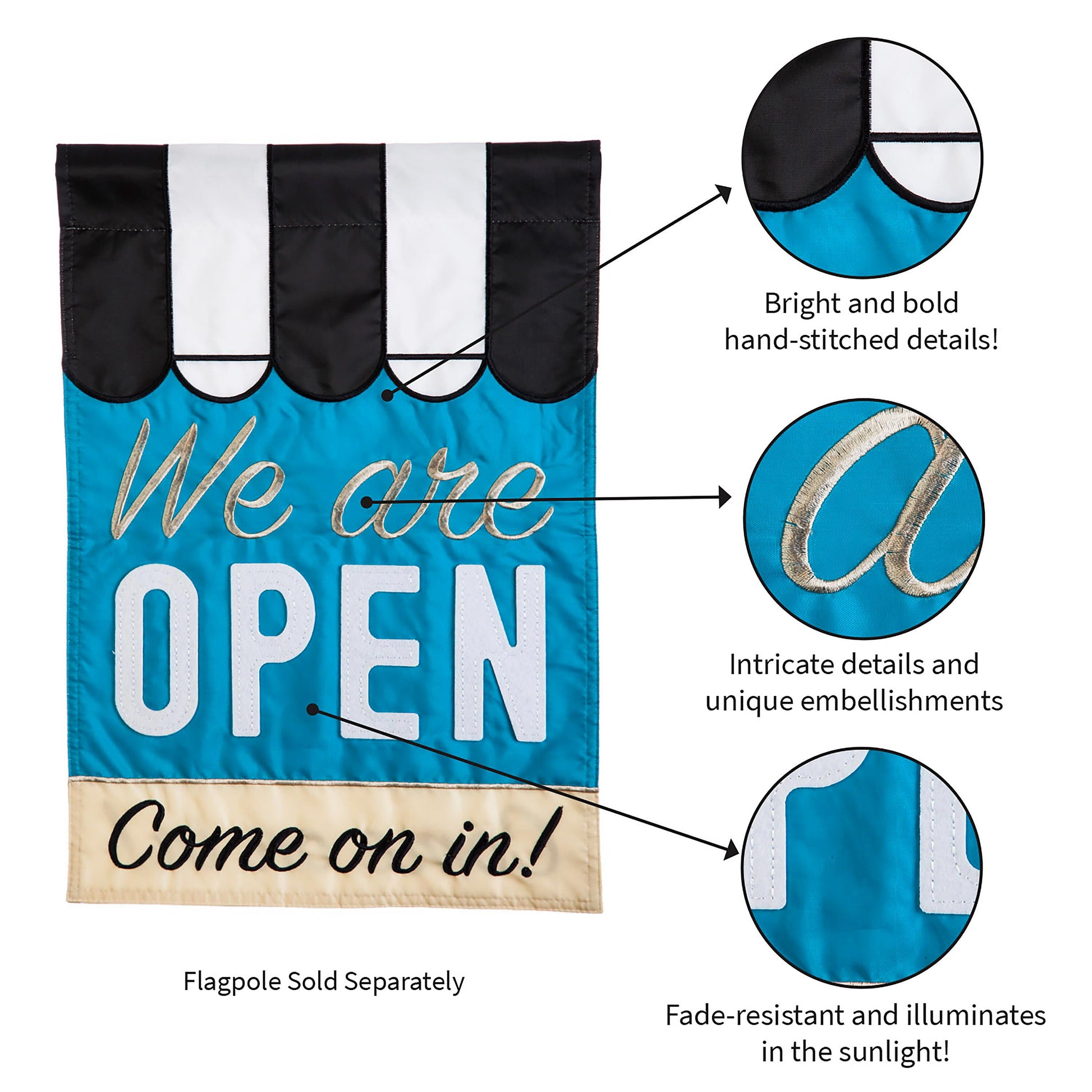 We Are Open Garden Applique Flag blue with beige panel and white OPEN lettering on Tampa Home & Garden Store