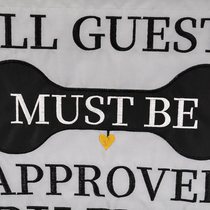 Approved by the Dog applique flag with black lettering on white fabric and a yellow heart on Tampa Home & Garden Store