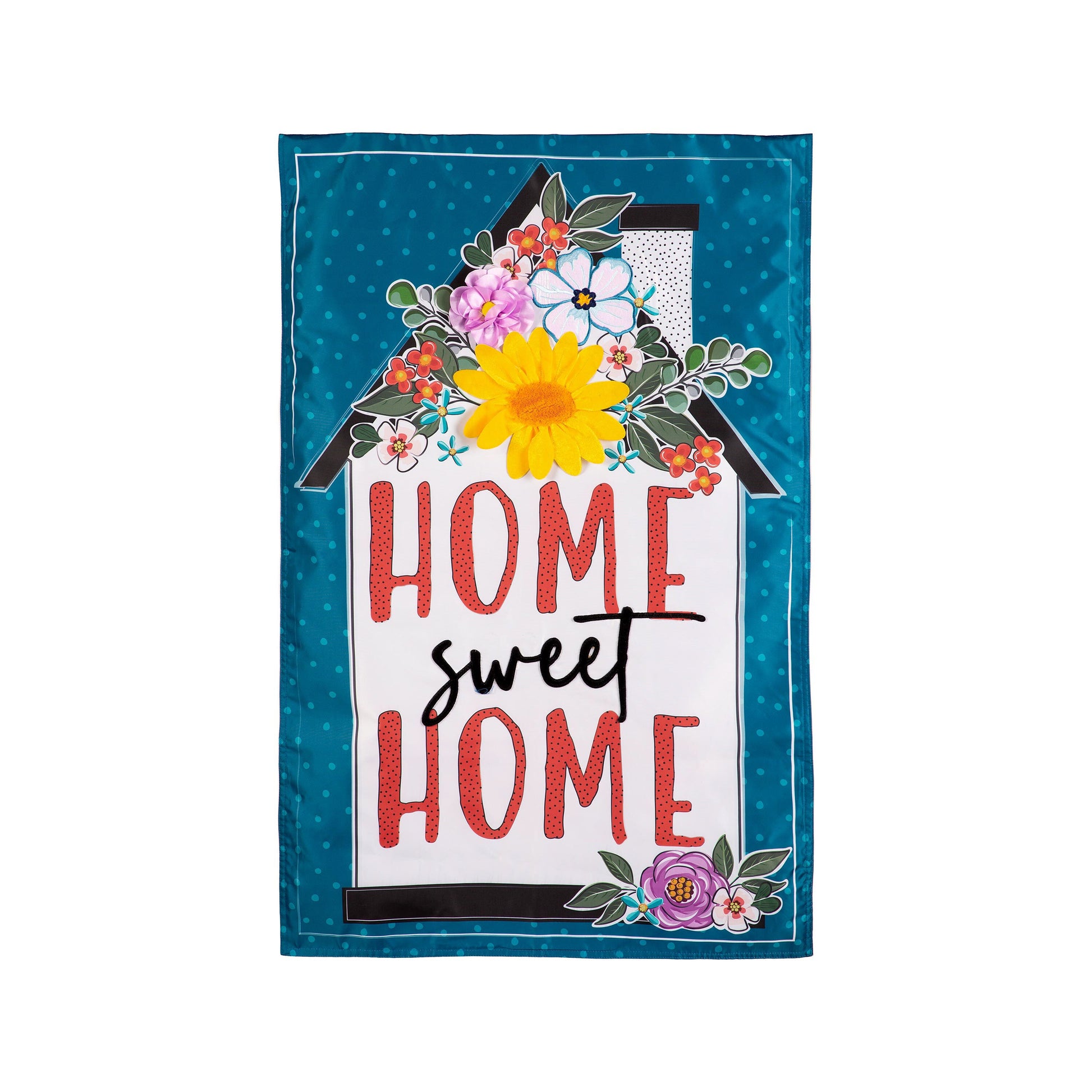Floral Home Sweet Home Applique House Flag teal polka dot background with bouquet on Tampa Home & Garden Store