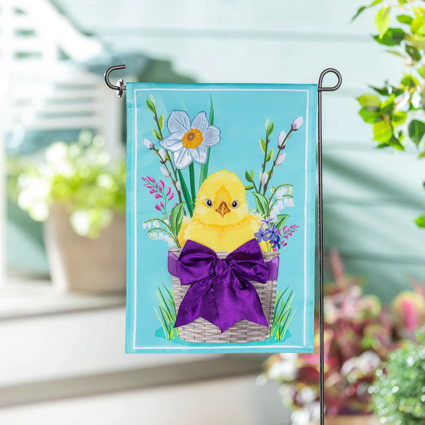 Easter Bow Basket Applique Garden Flag turquoise with purple bow by Evergreen Enterprises on Tampa Home & Garden Store