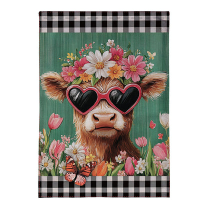 Lunettes de soleil à fleurs, vache des Highlands, drapeau de maison en toile de jute